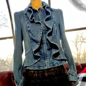 I.N.C. Denim Ruffle Front Jacket w/ Zipper Closure & buckle straps on sleeves